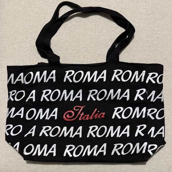 Handbags - Roma Italia Souvenir Cotton Tote Bag-Zip Top-Black/White/Red